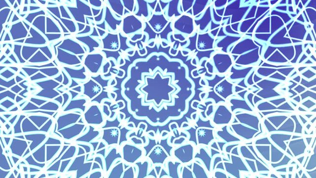 Abstracts Twirls Kaleidoscope A, Animated neon light mandala pattern with a blue gradient background for relaxation,  royalty free stock.
