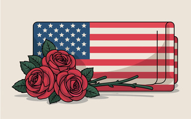Red roses on rolled American flag flowers patriotic