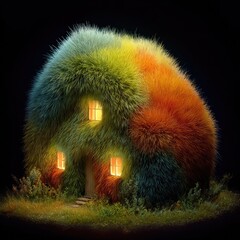 A fantastical, colorful dwelling, nestled in the night, with illuminated windows, a warm glow emanating from within.