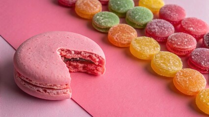Close Up Pink Macaron With Bite And Colorful Fruit Shaped Gummies On Vibrant Pink Background