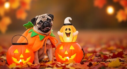 A cute pug dressed in a pumpkin costume sits among fallen autumn leaves with Halloween jack-o'-lanterns.