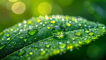Glistening green leaf with a perfect dewdrop and many small water droplets, showcasing natural freshness and clarity after rain or morning dew.