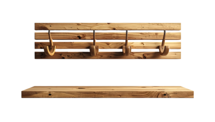 Wooden wall-mounted rack featuring four unique wooden hooks hanging from horizontal wooden slats above a simple wooden shelf, all against a stark black background, creating a minimalist and modern...