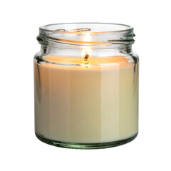 The warm, inviting glow of a lit candle is contained within a clear glass jar on a stark black background, emphasizing the simple elegance.