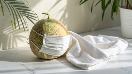 Minimalist Image Of Cantaloupe With White Face Mask And Towel On White Surface