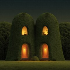 Two whimsical, illuminated homes nestled within lush green mounds, bathed in the soft glow of evening light.