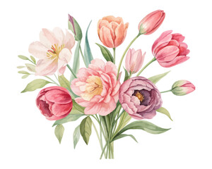 Obraz premium Watercolor Spring Bouquet with Peonies and Tulips isolated on white background