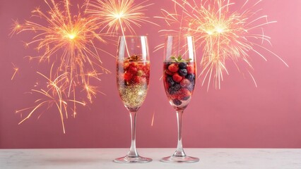 Photorealistic Champagne Flutes With Colorful Sparklers And Fireworks On Soft Pink Background