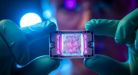 Closeup of scientist holding a microchip with intricate circuit patterns in laboratory