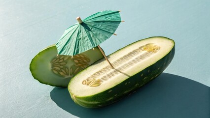 Photorealistic Image Of A Halved Cucumber With Green Paper Umbrella On Light Blue Surface