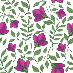 Seamless floral vector pattern with elegant purple blossoms and green botanical leaves for textile wallpaper and wrapping paper