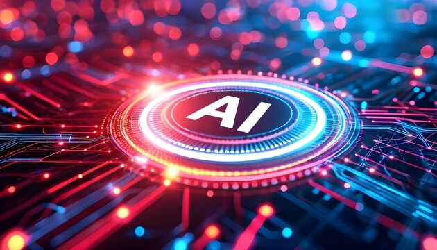 A glowing AI logo on a futuristic circuit board with radiating red and blue digital light trails.