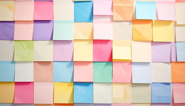 Abstract background of a wall covered in various colorful blank square sticky notes, pastel hues, organization, communication, reminder
