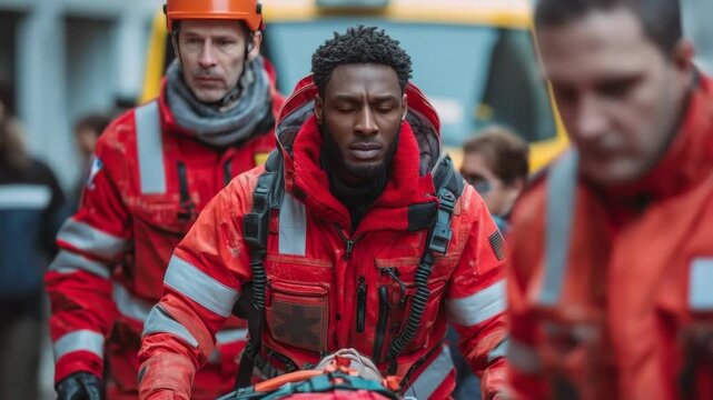 Emergency medical team hurries to provide aid to a patient on a stretcher in an urban setting.