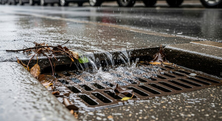 Water Flowing Into Urban Storm Drain During Rainfall City Street Scene