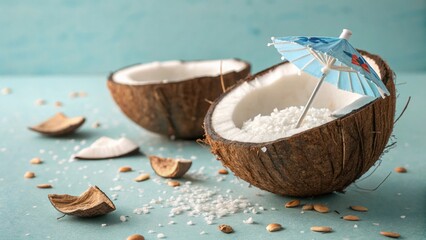 Photorealistic Image Of Halved Coconut With Miniature Paper Umbrella On Light Blue Background