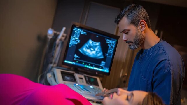 A doctor performs an ultrasound scan on a pregnant woman in a clinic setting.