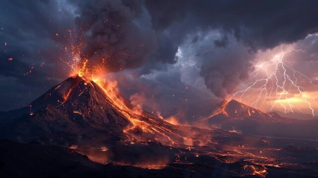 Massive volcanic eruption with glowing lava rivers and lightning storm in the dark sky, spectacular natural disaster scene, perfect for dramatic visuals, science projects and creative illustrations