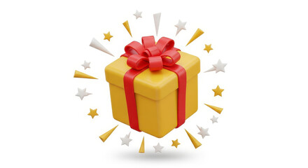Bright Yellow Gift Box with Red Ribbon Surrounded by Stars and Rays