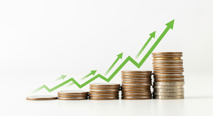 Visualizing Positive Financial Growth Through Stacked Coins and Upward Trending Arrows