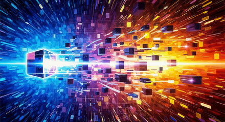 Abstract Digital Cubes Exploding Through Vibrant Neon Light Trails Motion Graphics