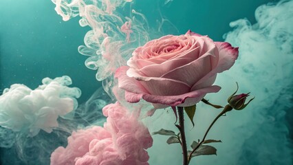 Photorealistic Pink Rose With Ink Smoke Effect On Teal Background Artistic UHD Photography