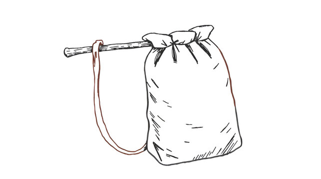 Hand drawn illustration of a bindle bag with a wooden stick representing a hobo or traveler.