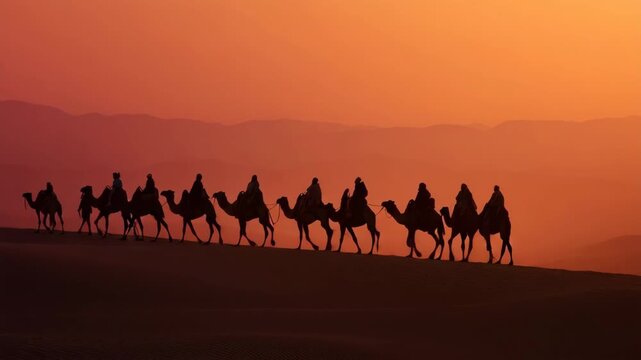 A camel caravan traverses the desert at sunset, creating a beautiful silhouette against the sky.
