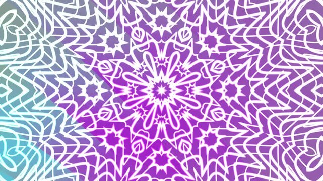 Abstracts Twirls Kaleidoscope A, Mesmerizing abstract floral mandala design with geometric white lines on a vibrant purple background,  Video Stock royalty.
