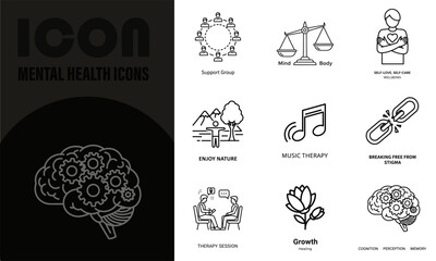 Vector art of mental health icons set, brain, therapy, and wellness concepts
