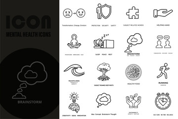Vector art of mental health icons set, brain, therapy, and wellness concepts