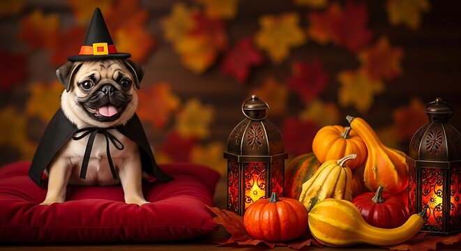 A cute pug dressed as a witch for Halloween, sitting on a red cushion with pumpkins and lanterns in the background.