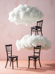 Surreal Studio Photography Of Cotton Cloud Balancing Black Chairs On Light Pink Background