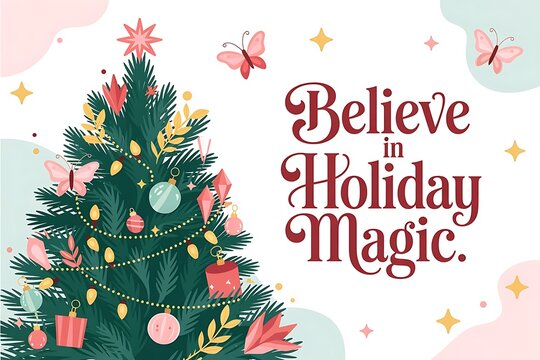 Festive christmas tree with believe in holiday magic text and butterflies