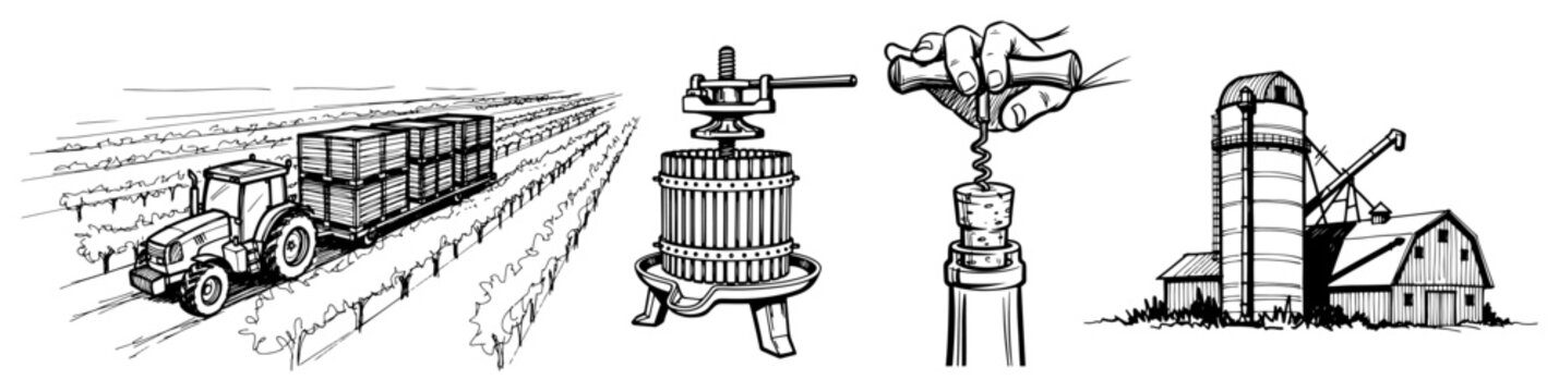 Farm and Harvest Icons Set in a Hand Drawn Style