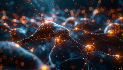 Dynamic glowing neural network activity, brain cells, and digital data connections in an abstract AI and science technology concept