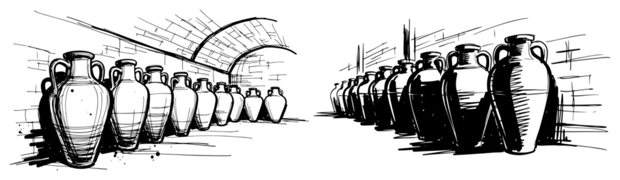 Ancient Clay Amphorae in a Cellar Sketch