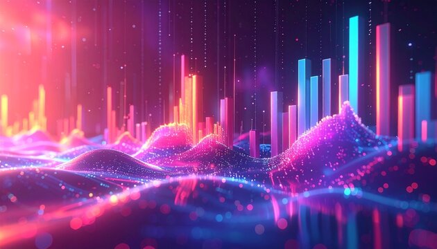 Abstract Digital Data Landscape: Vibrant Glowing Bars, Waves & Particles - Futuristic Technology Visualization