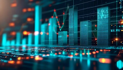 Futuristic digital bar chart and line graph displaying financial data or business analytics in a high-tech environment.