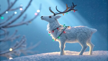 Ultra Realistic White Fluffy Reindeer With Colorful Christmas Lights On Gradient Blue Background