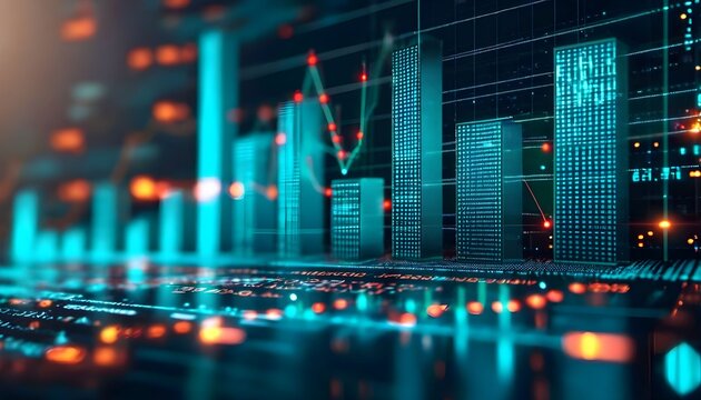 Futuristic digital bar chart and line graph displaying financial data or business analytics in a high-tech environment.