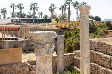 Caesarea, Israel, 26 September 2025, Ancient Roman Columns in Caesarea National Park,