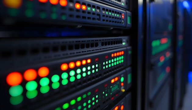 Close-up view of a server room with multiple racks of computer servers and lights.