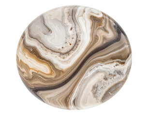 This photograph showcases a  of a circular stone with intricate, layered patterns, featuring a mesmerizing display of swirling lines and varied textures in shades of brown, cream, and gray, all set...