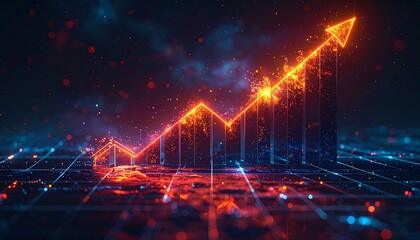 Digital business growth chart with glowing orange arrow pointing up on a futuristic blue and red data grid, representing success and progress.