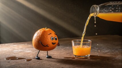 Whimsical Photo Of Orange With Tiny Legs Pouring Juice Into Glass On Brown Surface