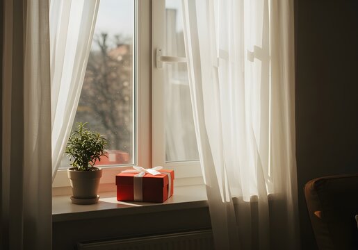 Red Gift Box with White Ribbon on Cozy Windowsill with Curtains
