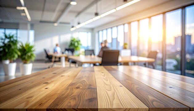 Modern open-plan office interior featuring a warm wooden desk in the foreground, sunlit windows, blurred people working, and cityscape view.