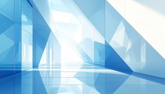 Abstract modern blue architecture background with geometric lines, bright light, reflections, and futuristic design, 3D render