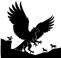 Mythical creatures fantasy silhouette vector illustration with griffin, dragon, and unicorns